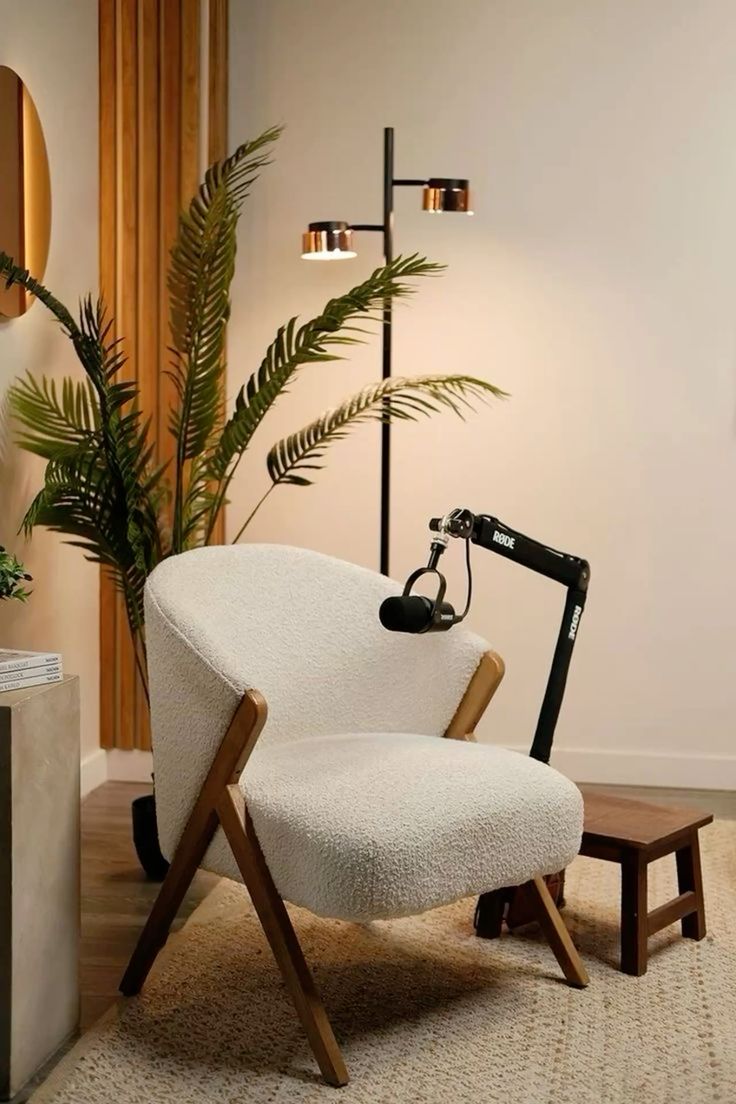 A single chair and microphone set up for recording